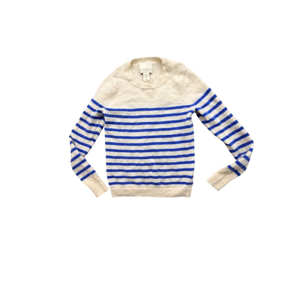 Cynthia Rowley 100% 2-Ply Cashmere Striped Sweater Cream Blue Crew Neck Womens S
